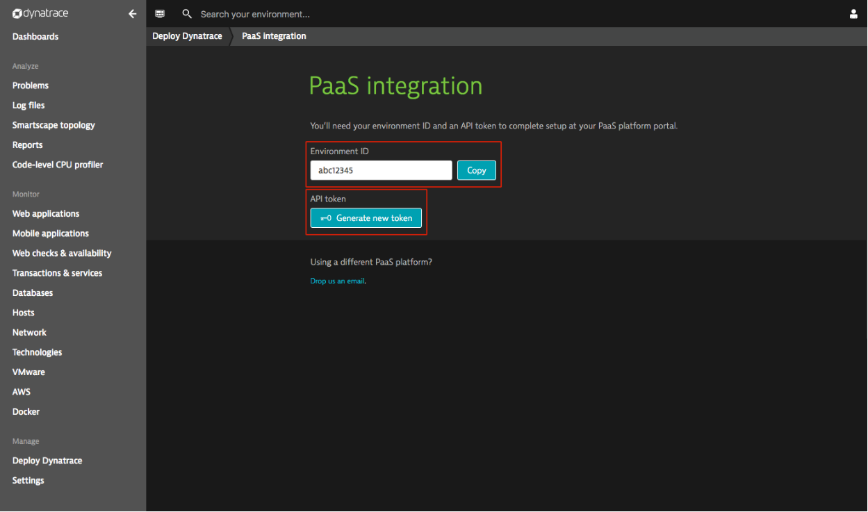 Dynatrace PaaS Integration page screenshot